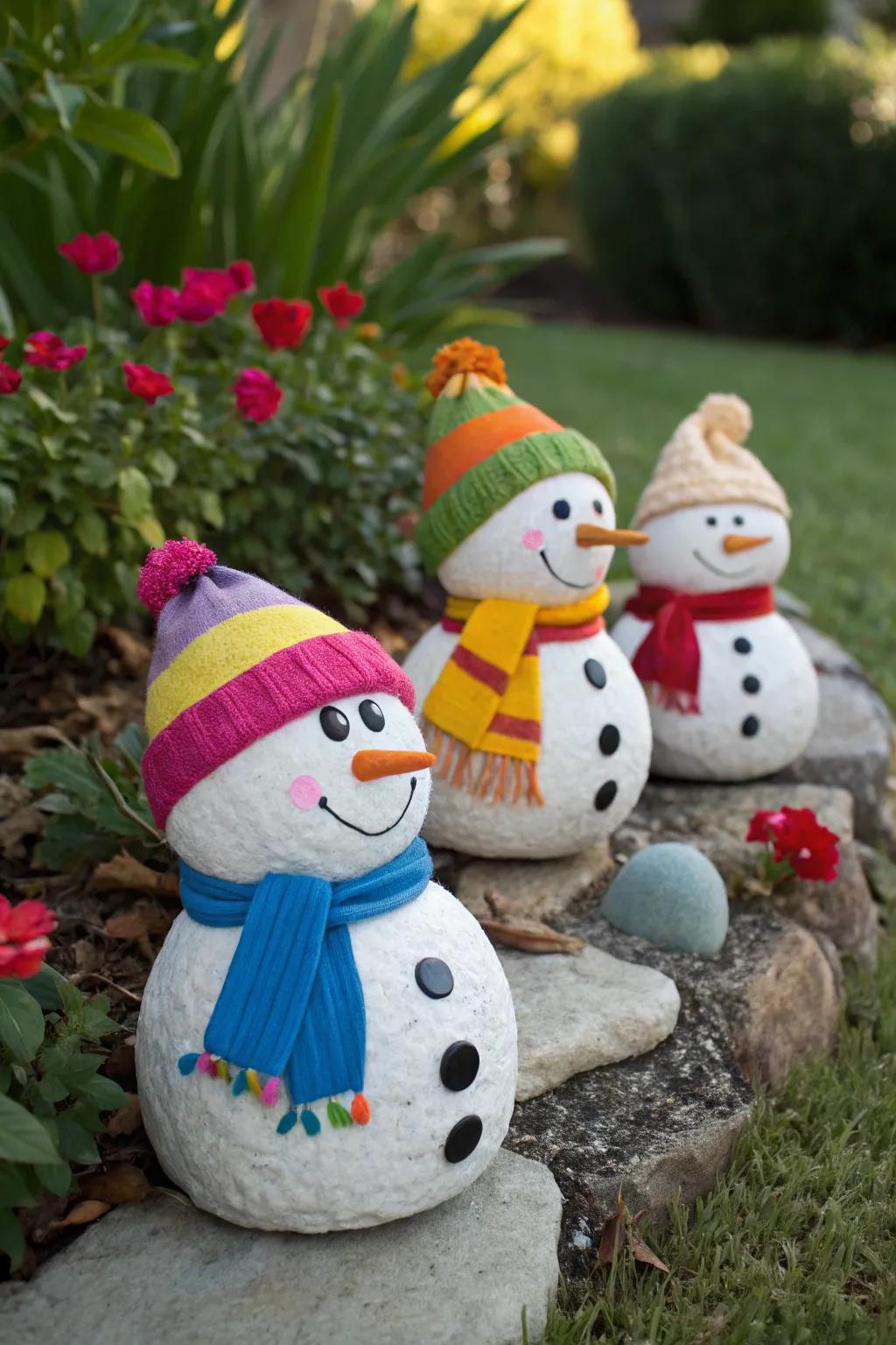 Colored stone snow figures include a lighthearted touch to any space.