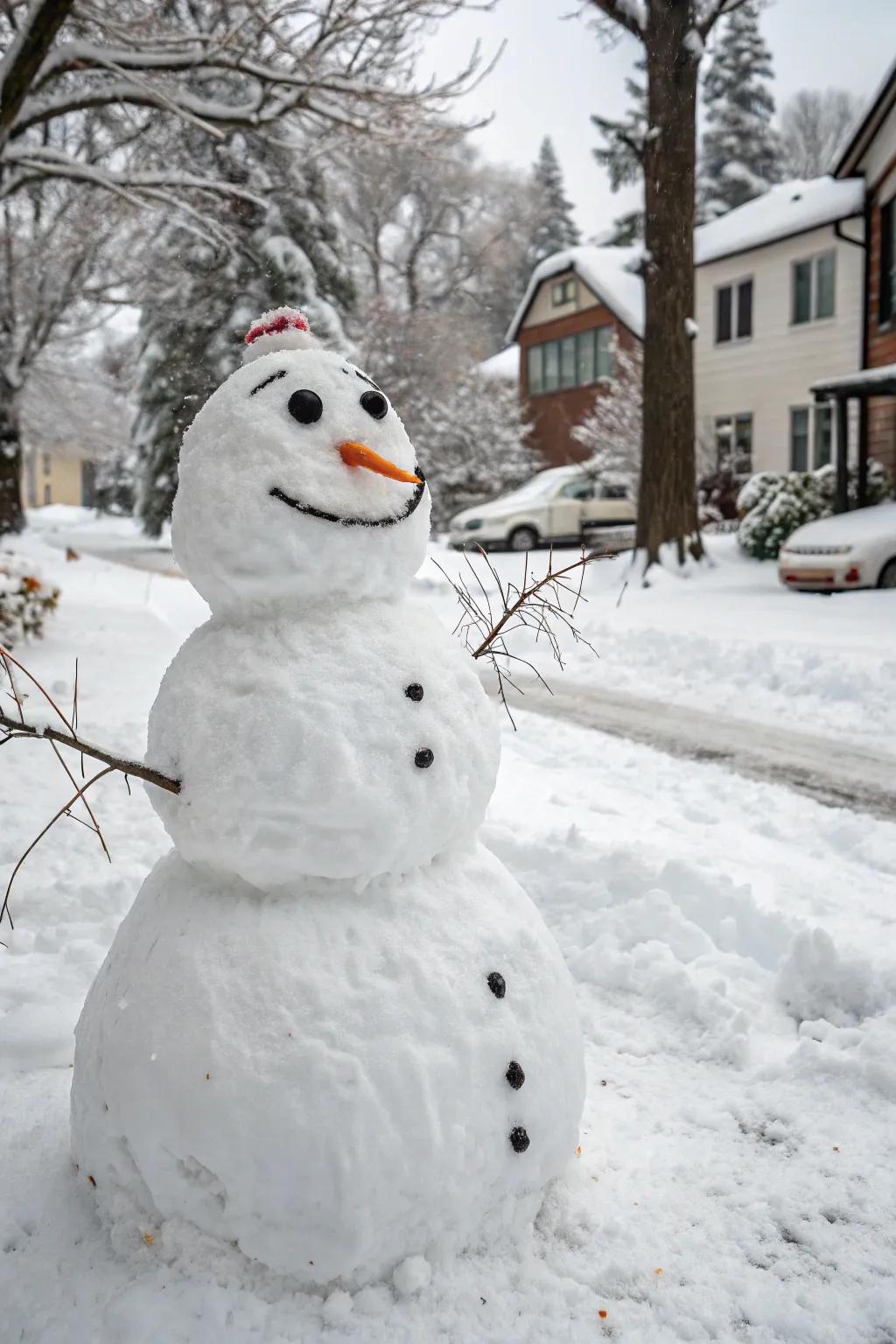 A snowman with a humorous expression spreading joy.