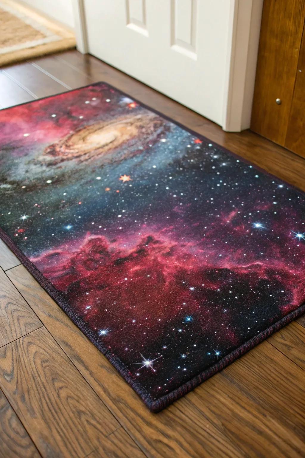 A galaxy-themed floor covering adds warmth and complements the room’s design.