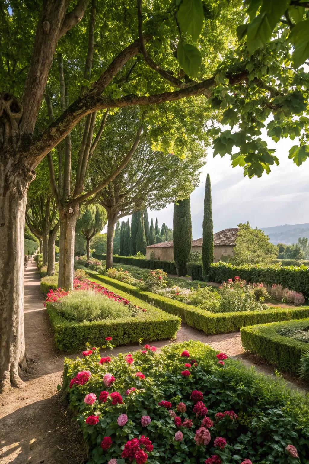 A garden sanctuary with shade-providing trees and lush shrubs.