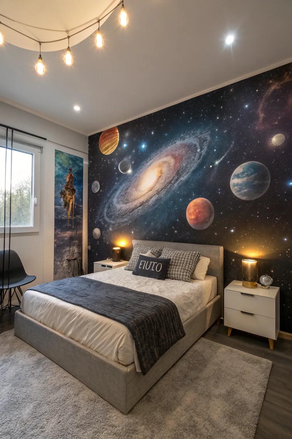Space-themed wall decor can be a great topic of conversation in your room.