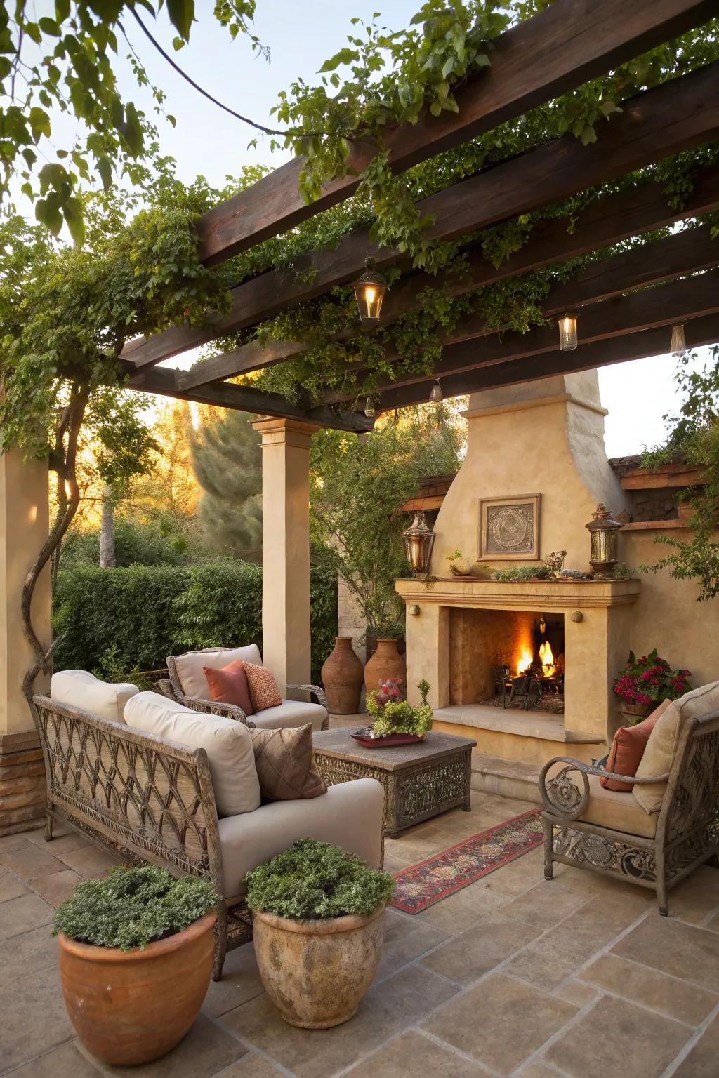 The ambiance of the pergola is improved by an outdoor fireplace.