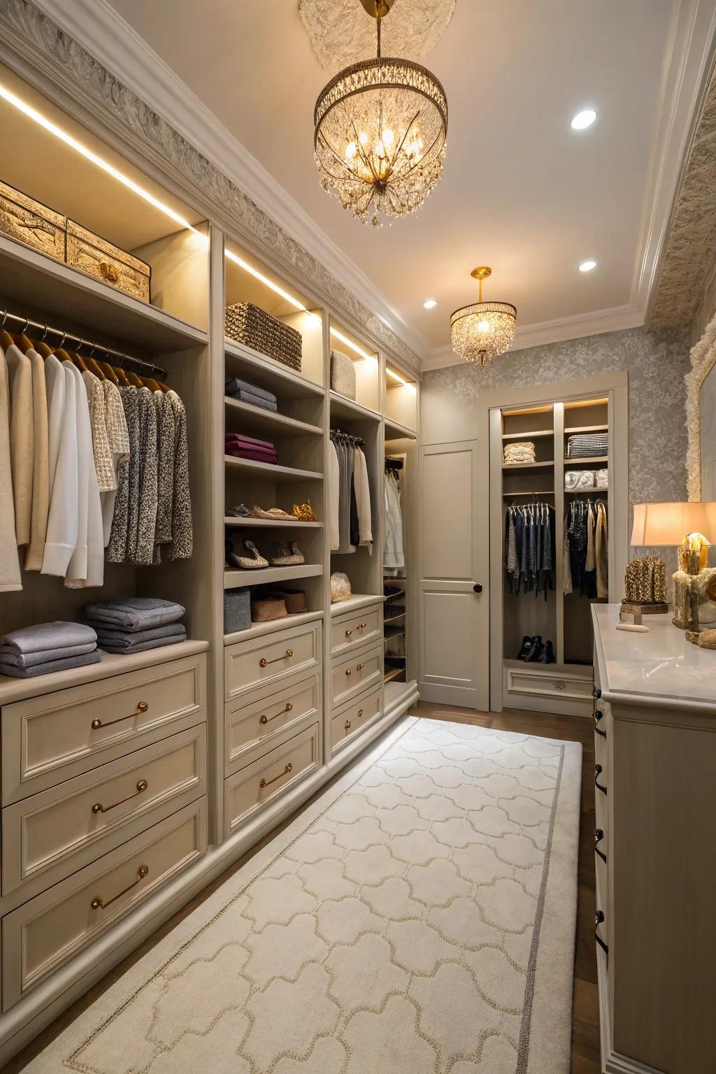 A personal walk-in closet offers organized luxury.