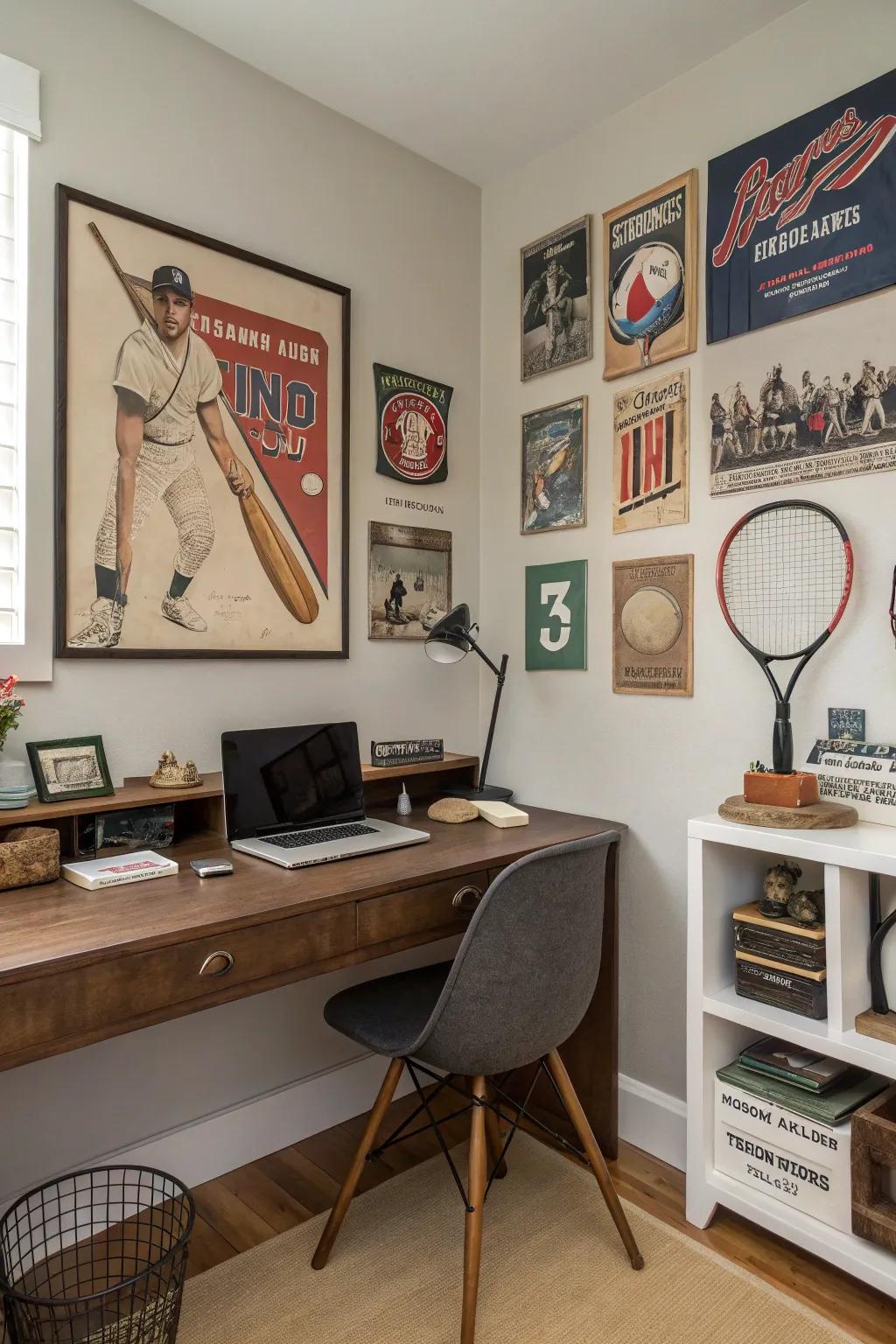 Vintage sports decor adds character and a sense of history to your office.