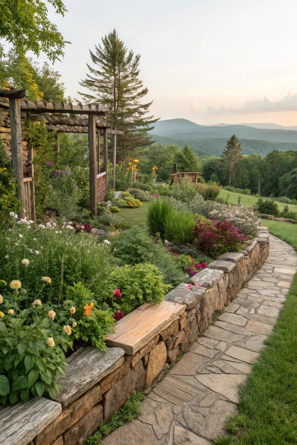 Unrefined accents, such as rock and timber, contribute warmth to garden borders.