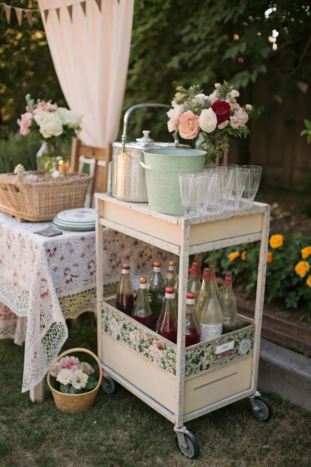 Serve refreshments with style from a vintage garden cart.