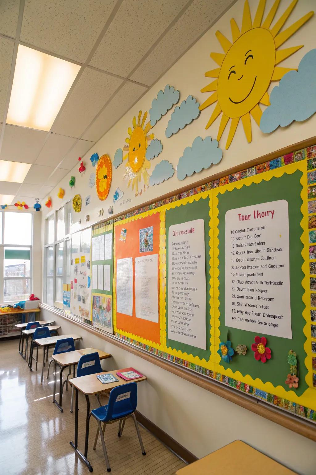 Spring poems shine under a sunny bulletin board sky.