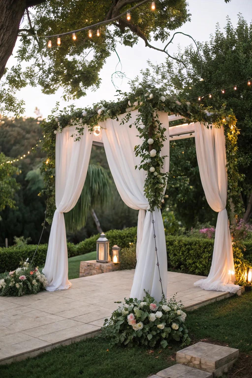A romantic square arch adorned using soft, flowing drapery.