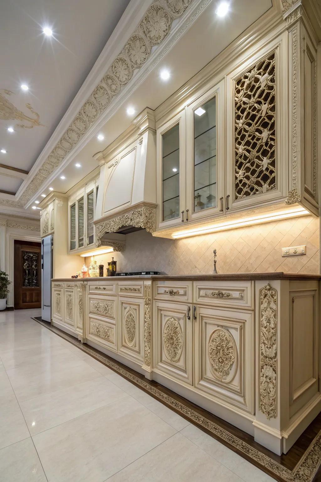 Decorative elements add character to your kitchen’s tall ceiling design.