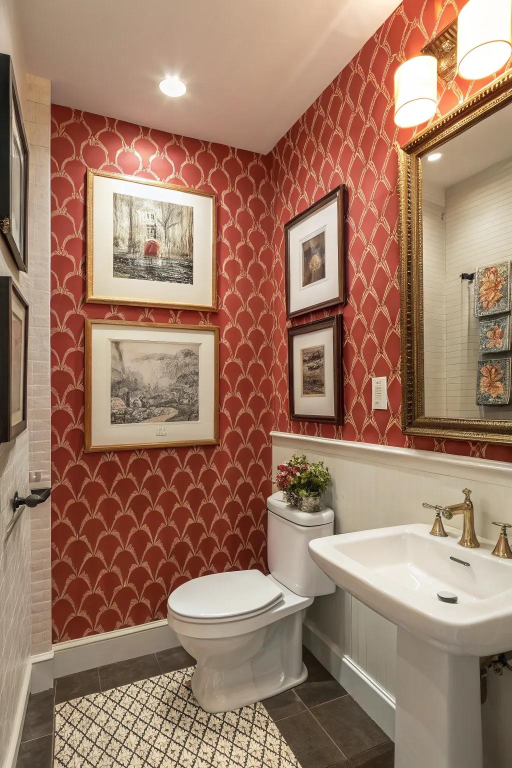 An accent wall and artwork add a stylish touch to the staff bathroom.