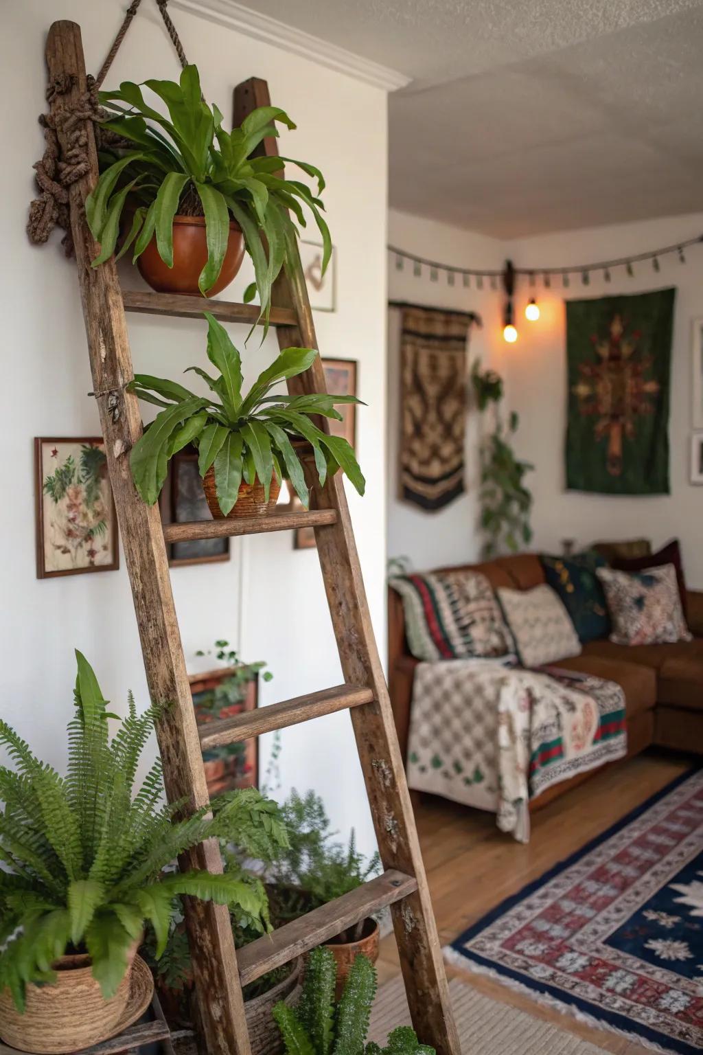 A timber steps offers a unique and decorative way to display staghorn ferns.