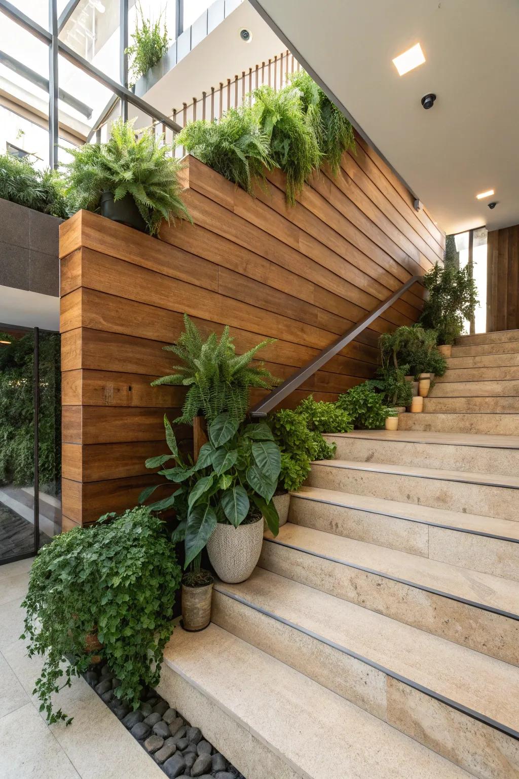 Foliage and wood panels craft a refreshing ambiance.