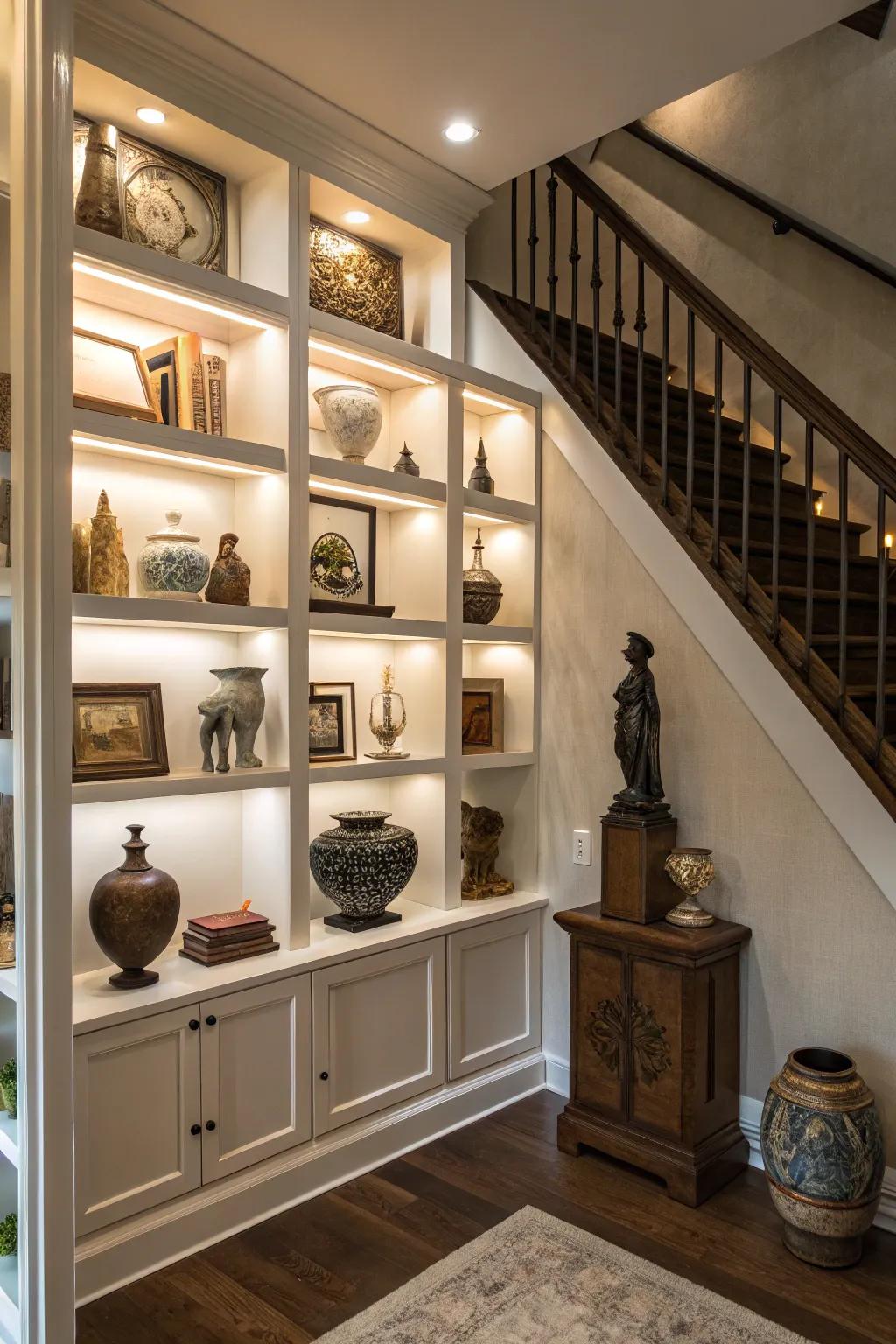 Display your style with showcase shelves beneath the staircase.