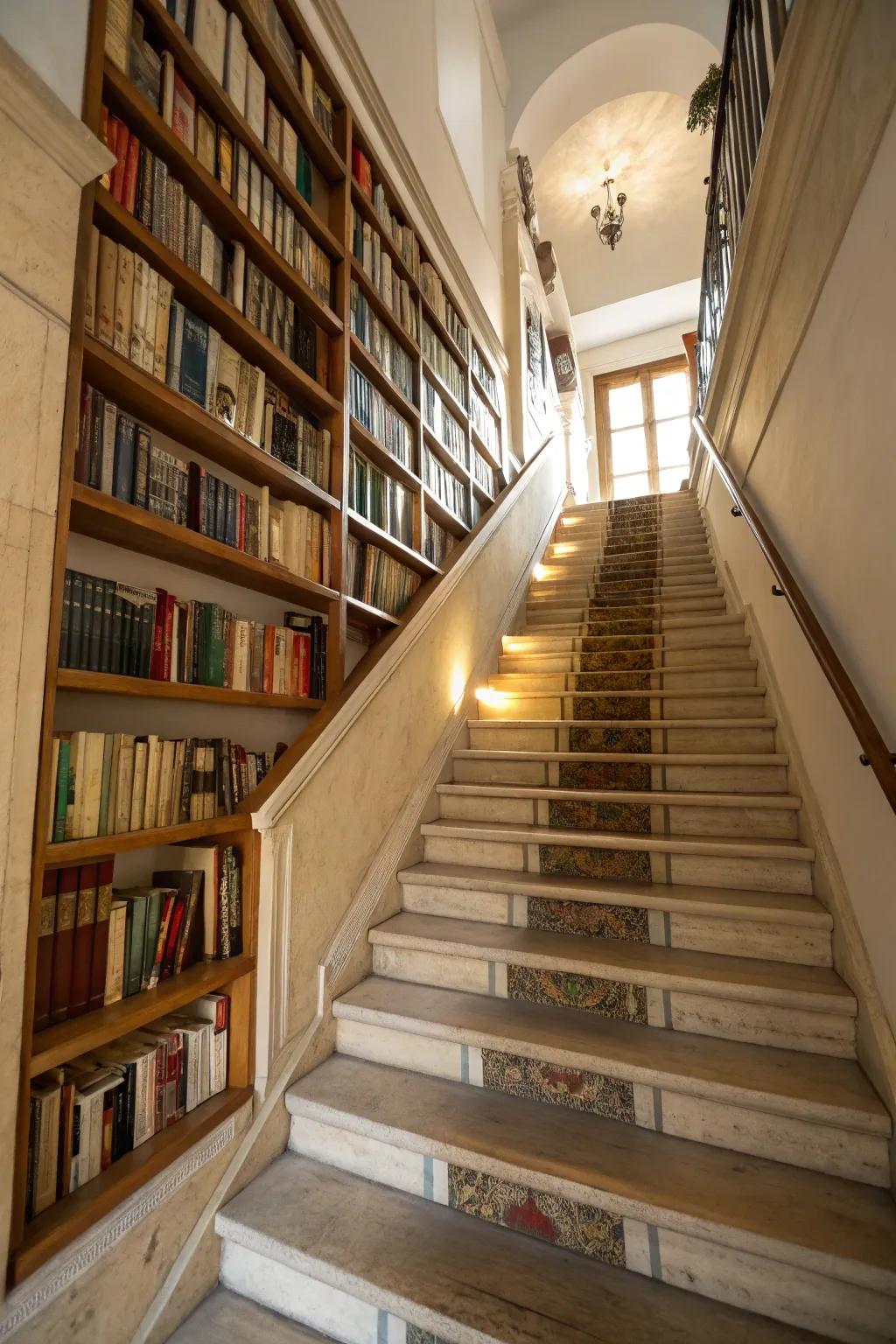 Design a snug reading area with bookshelves along your staircase.