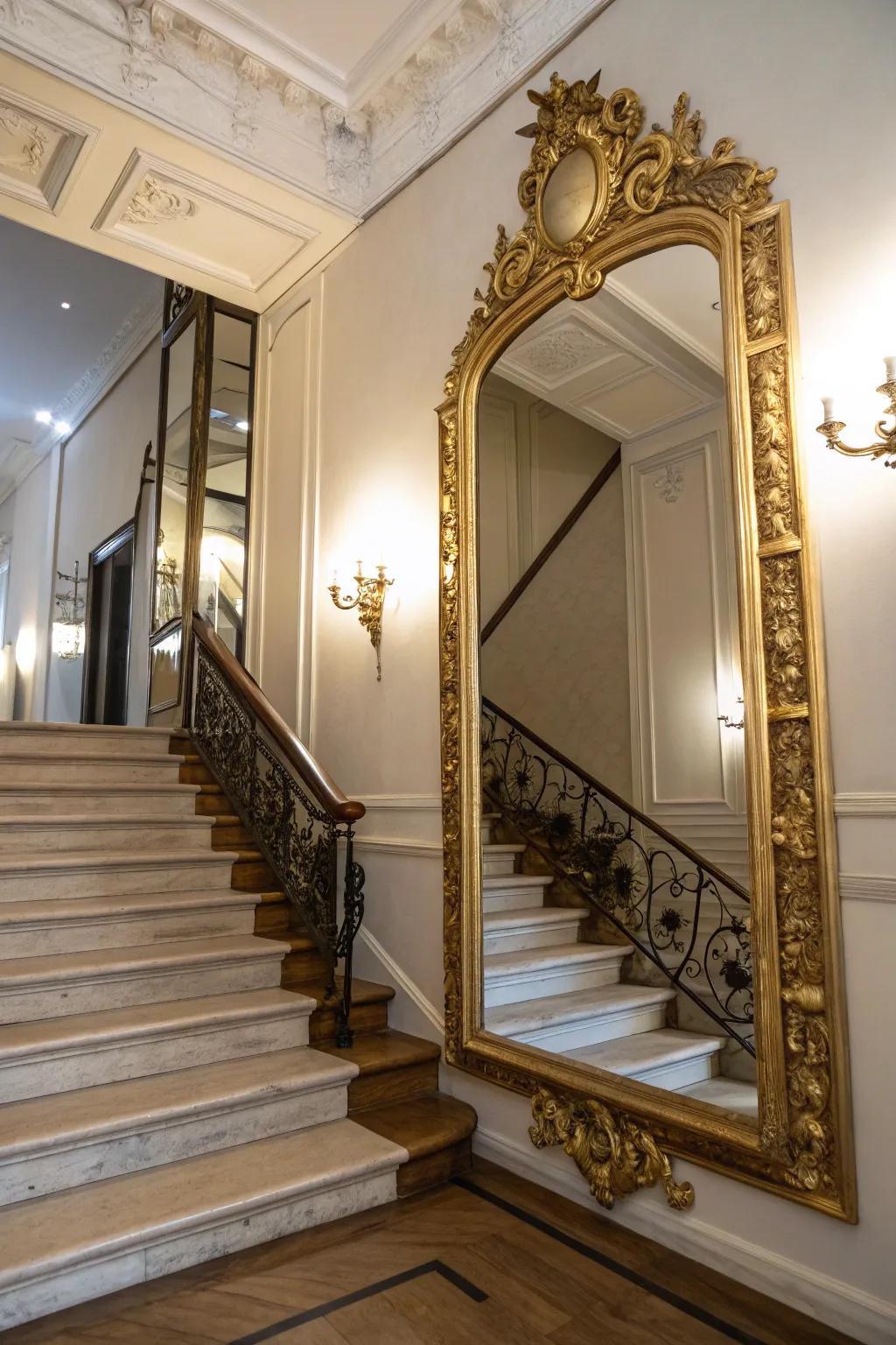 Reflect light and design with statement mirrors on your staircase.