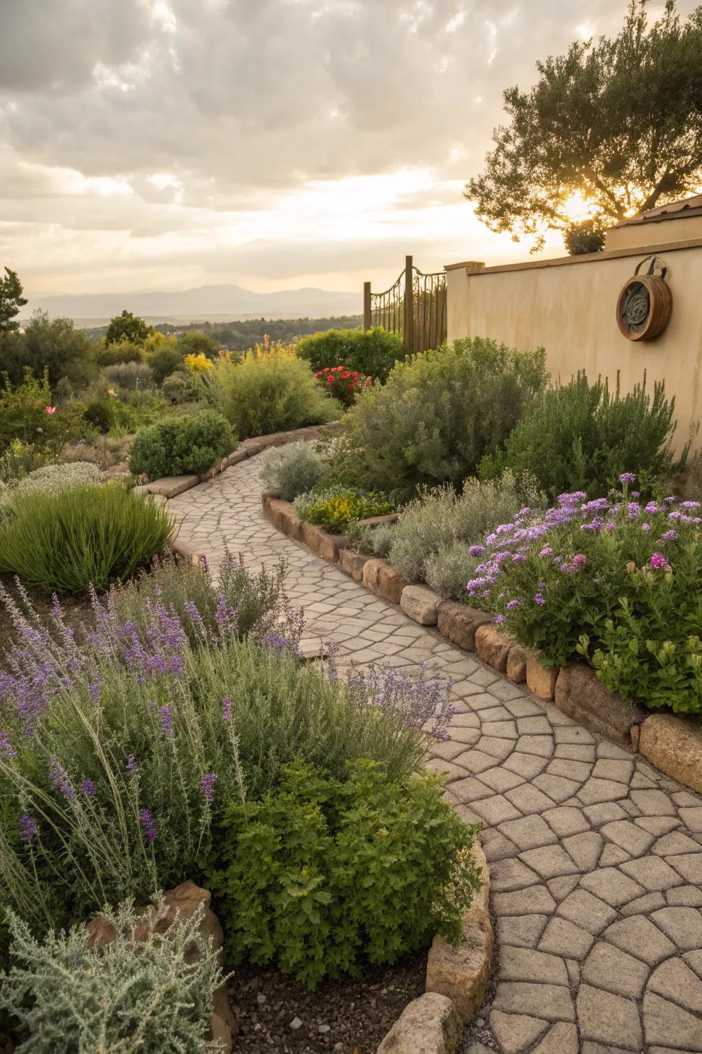Herb garden featuring a Mediterranean cobblestone stamped concrete border