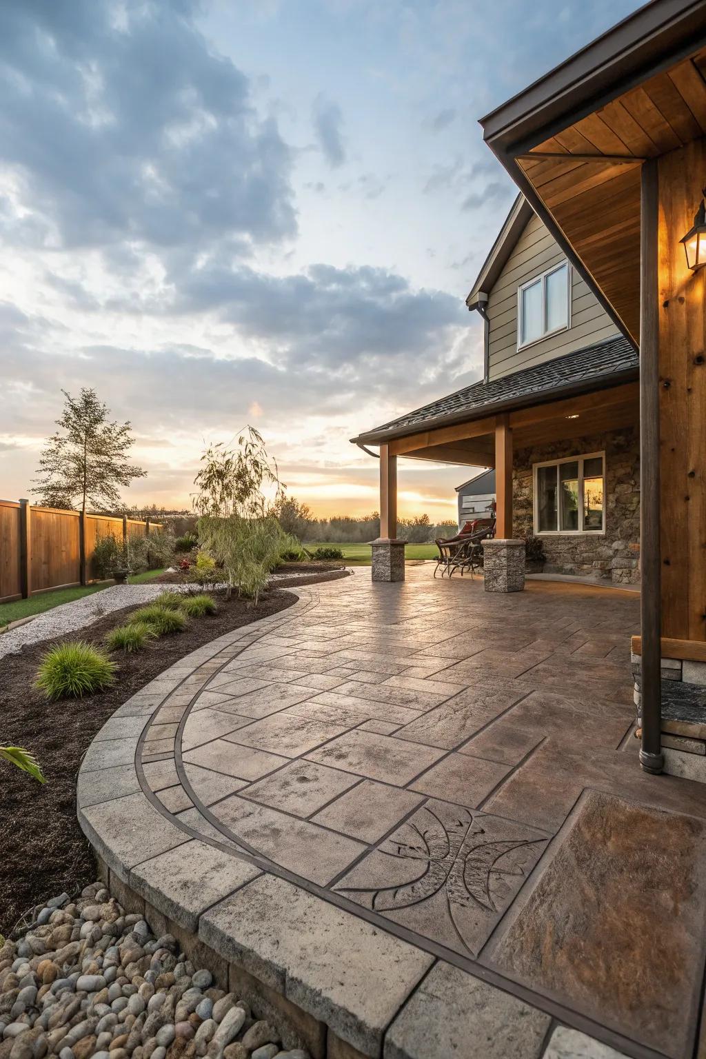 A stamped concrete patio enriched with a variety of materials.