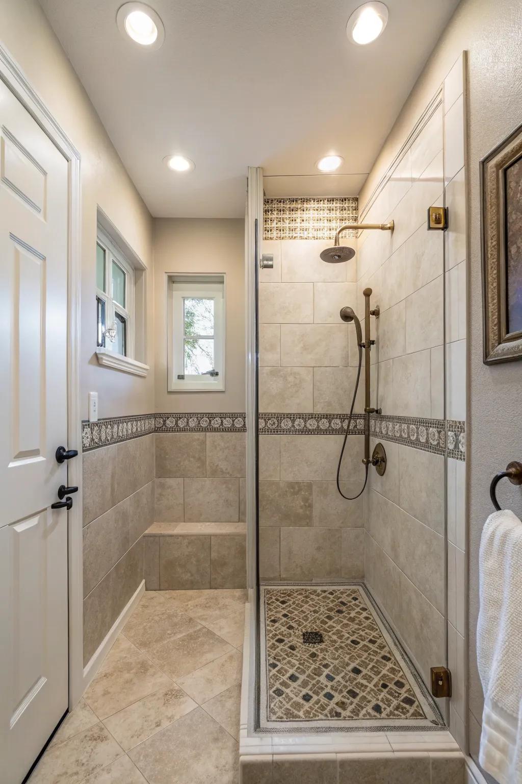 Neutral palettes form a serene shower ambiance.