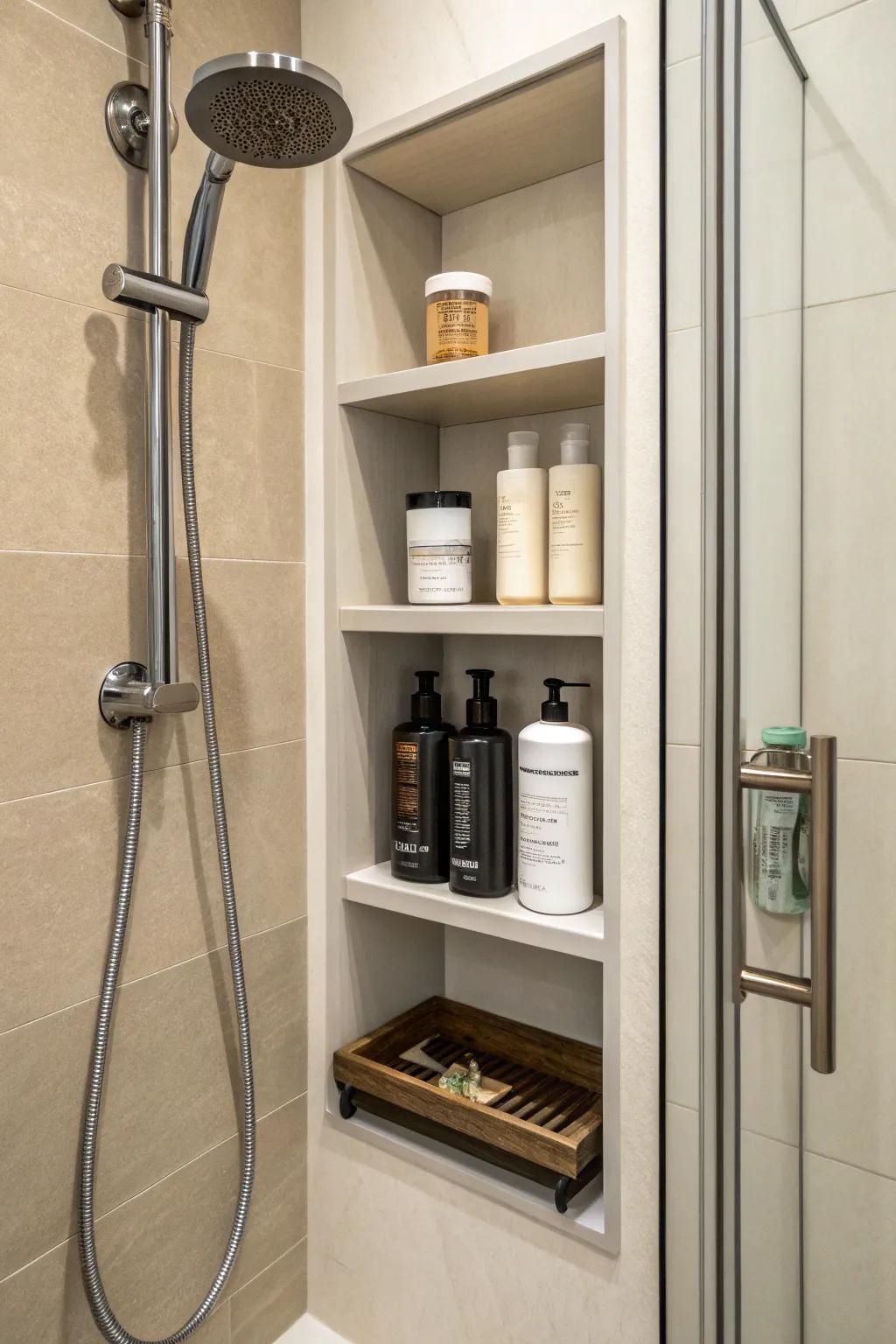 Smart storage solutions maintain an organized and tidy standup shower.