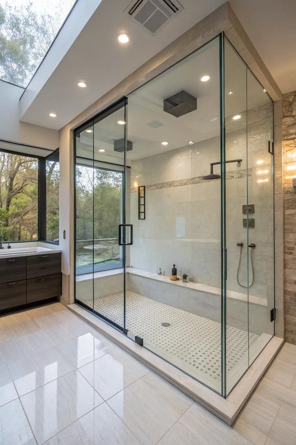 Step-down shower with open-concept glass enclosures giving off a roomy appearance.