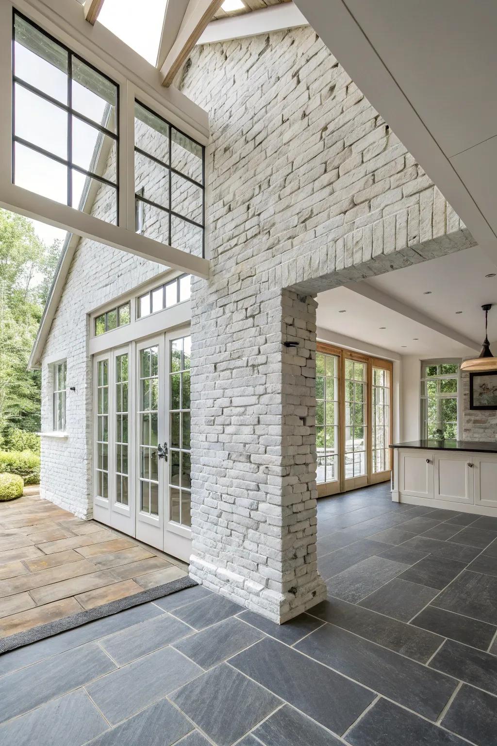 New inventiveness achieved by using whitewashed brick and slate.