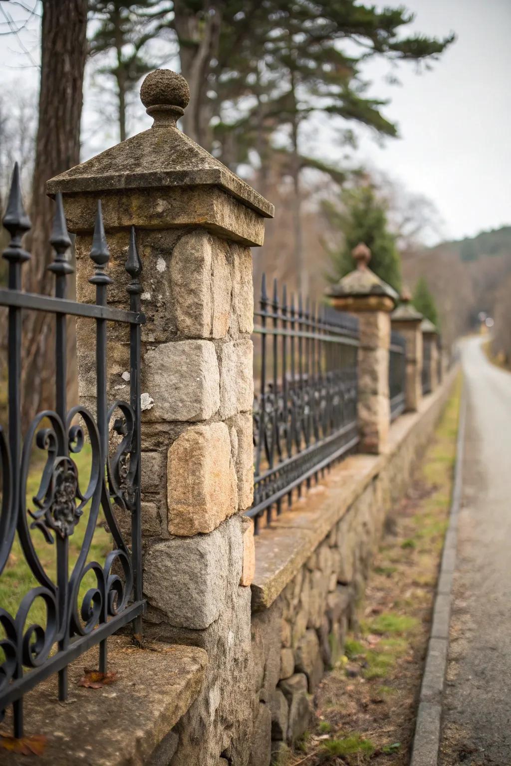 A fence design that combines traditional stone and contemporary iron.