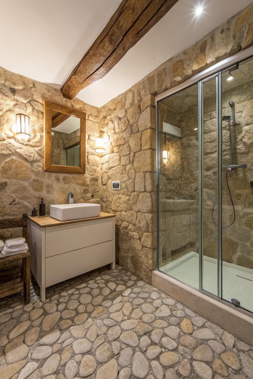A bathroom displaying textured stone tiles that complement the stone walls.