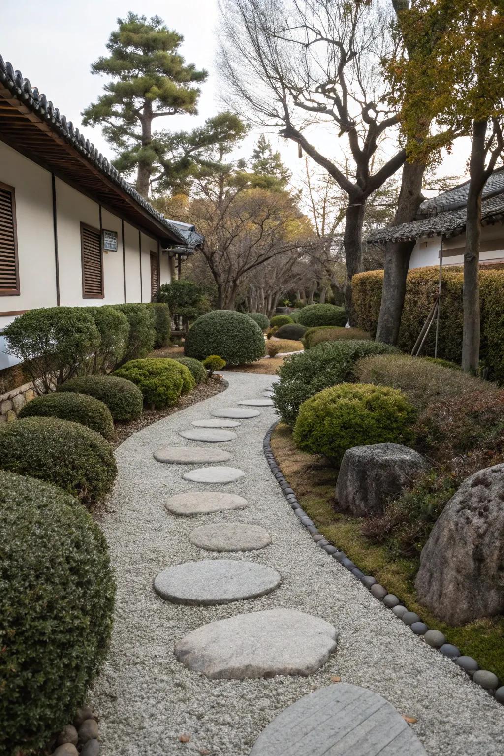 A Serene garden path cultivates a sensation of peace and tranquility.