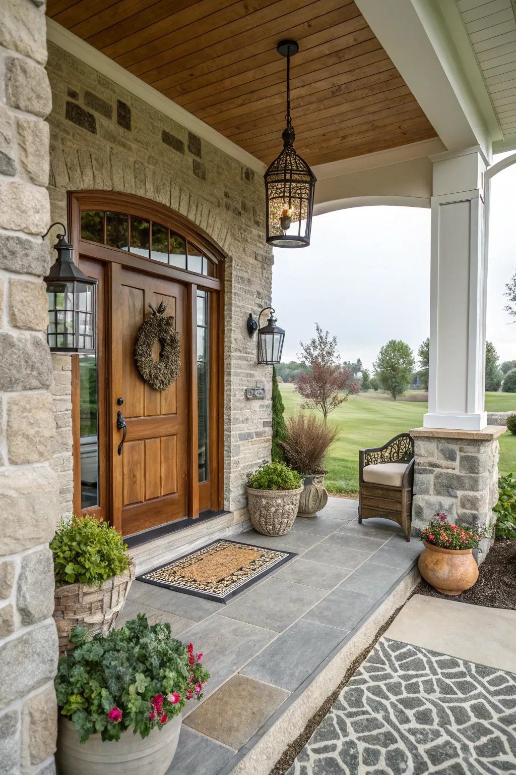 Stone-framed doors deliver a striking and welcoming presentation.