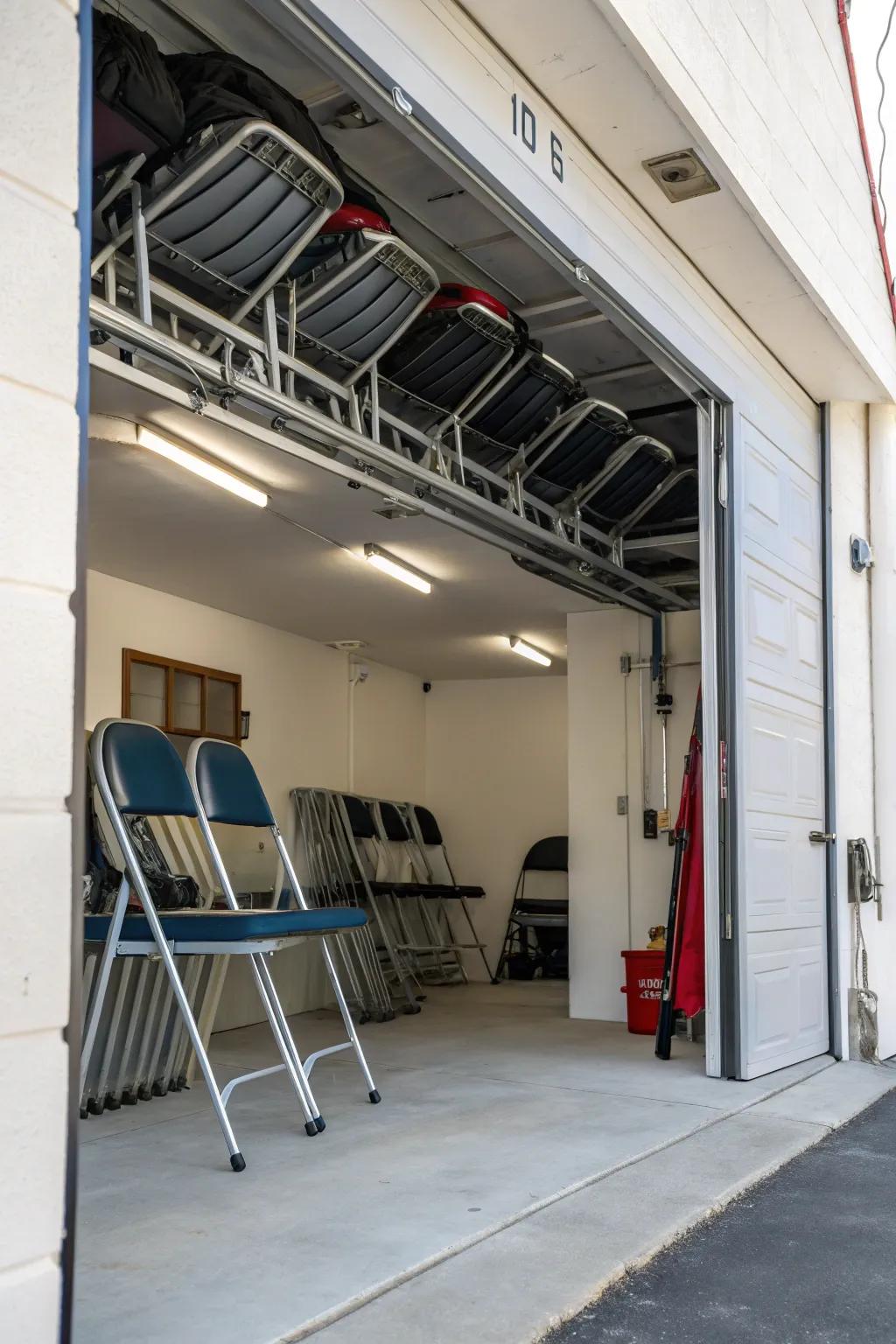 Use the space above you with garage ceiling racks for your folding chairs.