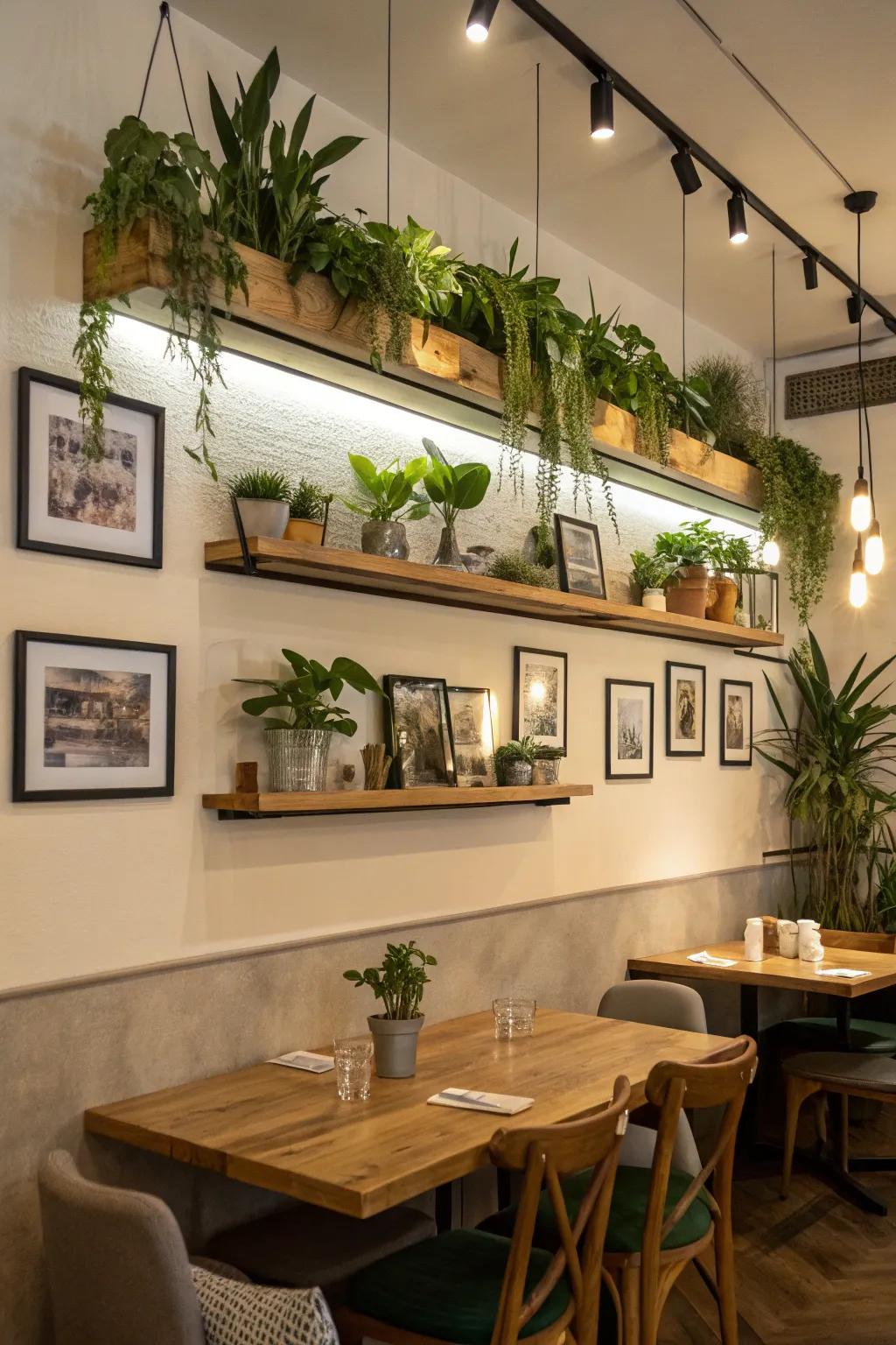 The dining area is adorned with floating shelves.