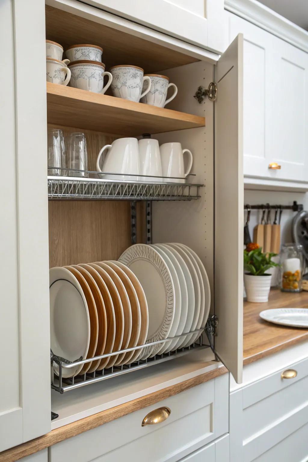 A vertical plate holder is located in a kitchen cabinet.
