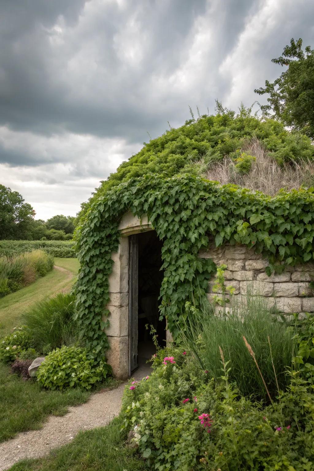 Twining flora delivers a rich, natural blanket for your storm shelter.