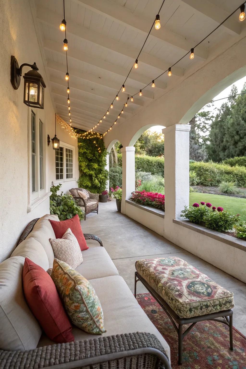 A roofed porch makes it possible for year-round fun outdoors.