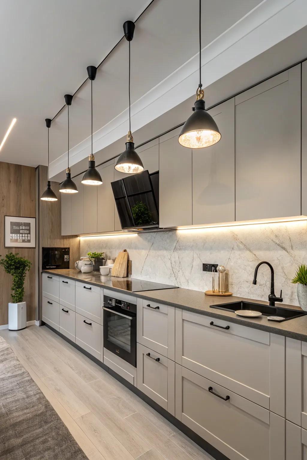 Modern hardware gives a compact kitchen a touch of elegance.