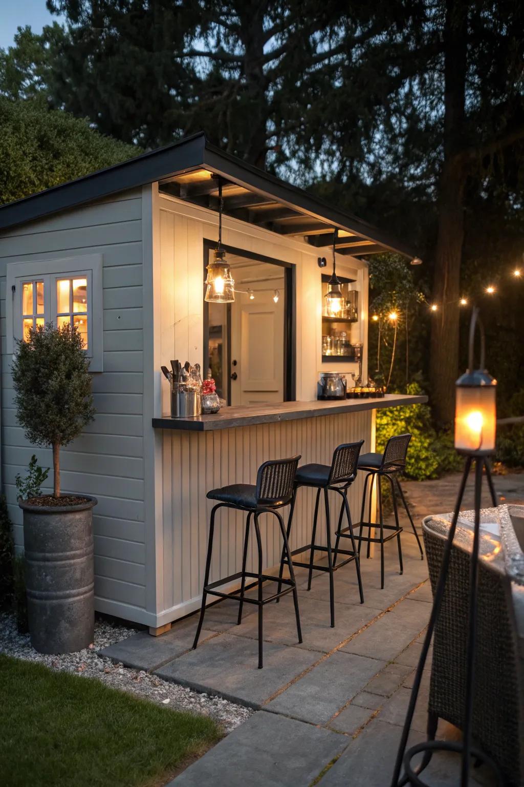 A stylish outdoor bar next to a studio shed.