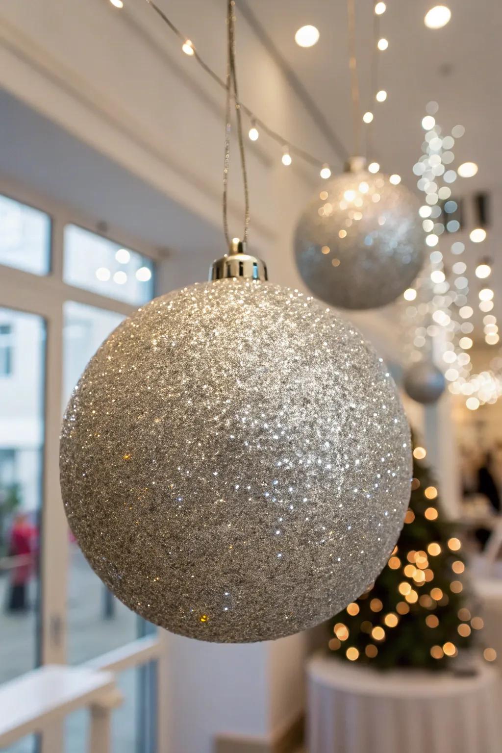 Glitter-coated ornaments add ultimate glam.