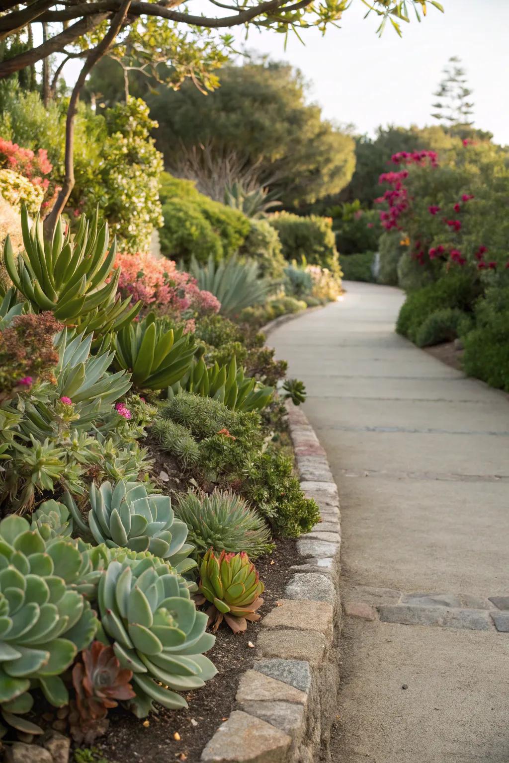 A pathway beautifully lined with lush succulents, cultivating a natural ambiance.