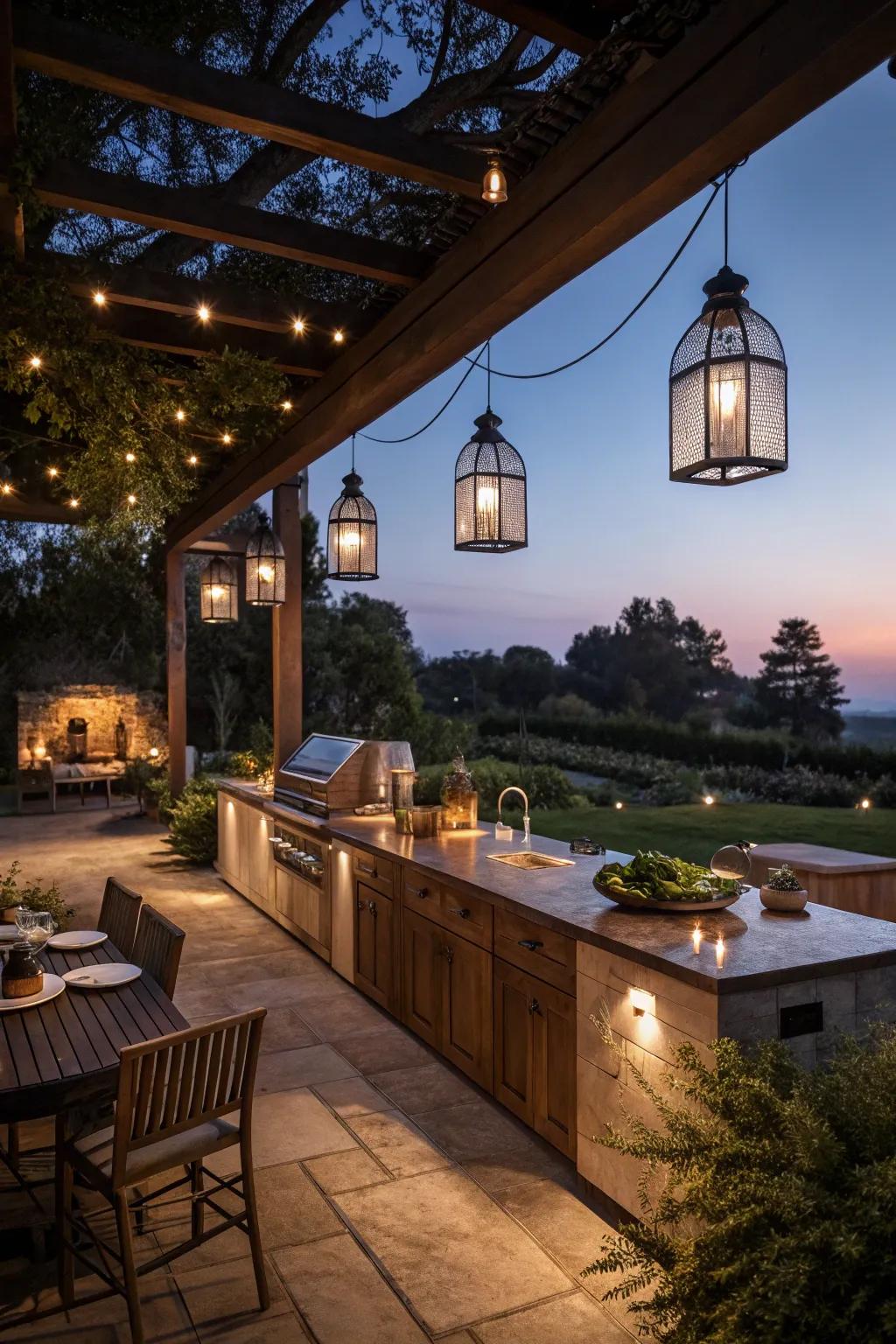 Strategic lighting enhances the evening ambiance of an outdoor kitchen.