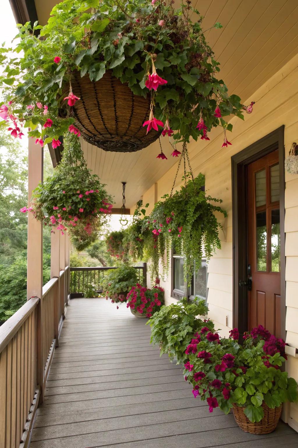 Suspended baskets showcasing bindweed and fuchsias