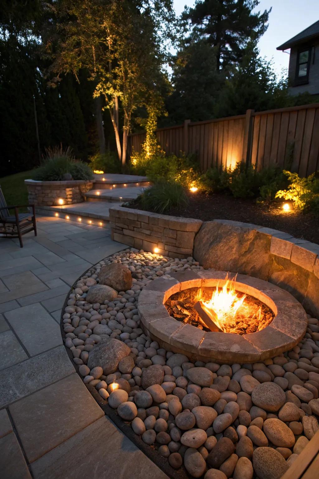 Integrated lighting adds a magical touch to this sunken fire pit.
