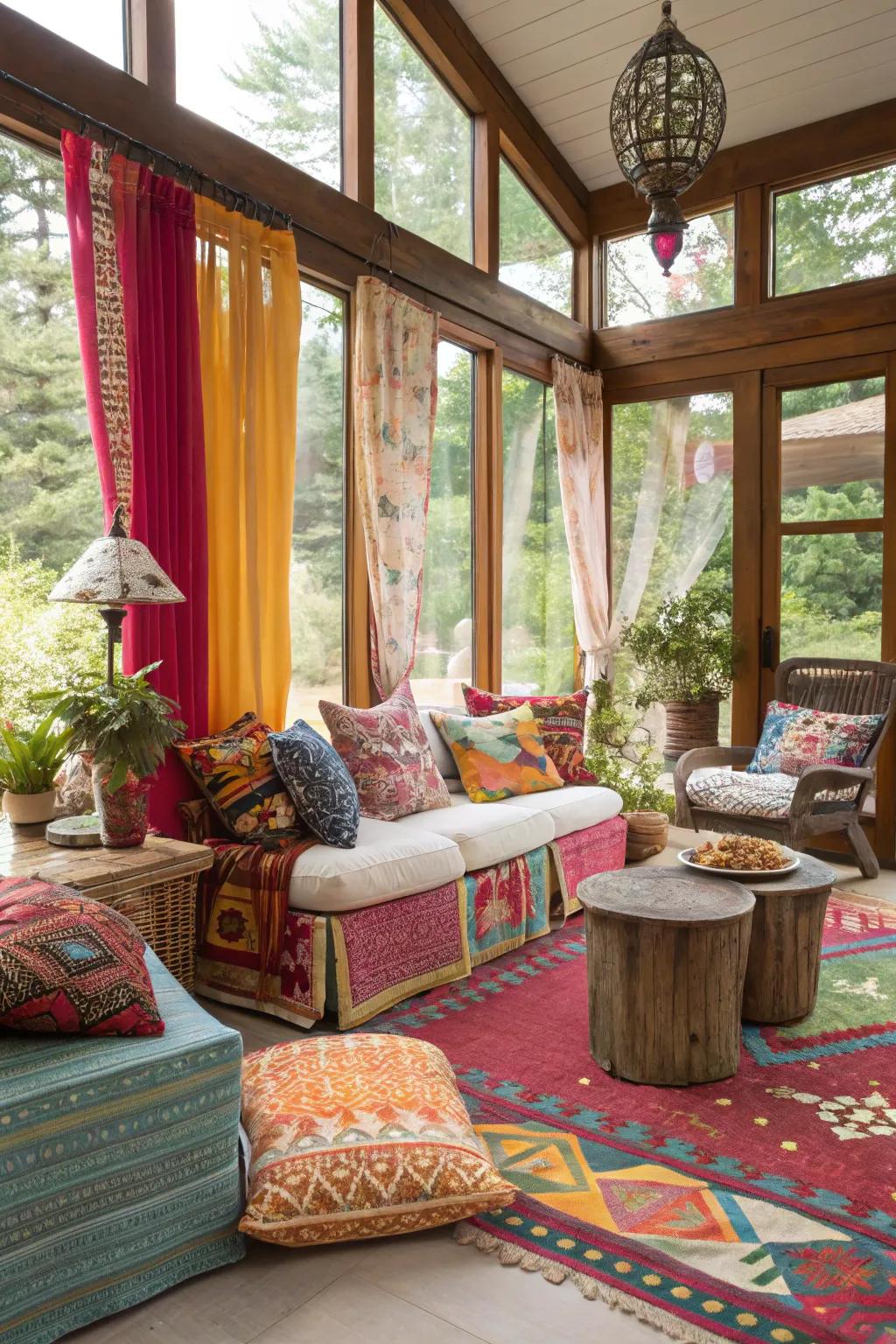 A sunroom exuding bohemian charm with vibrant textiles.