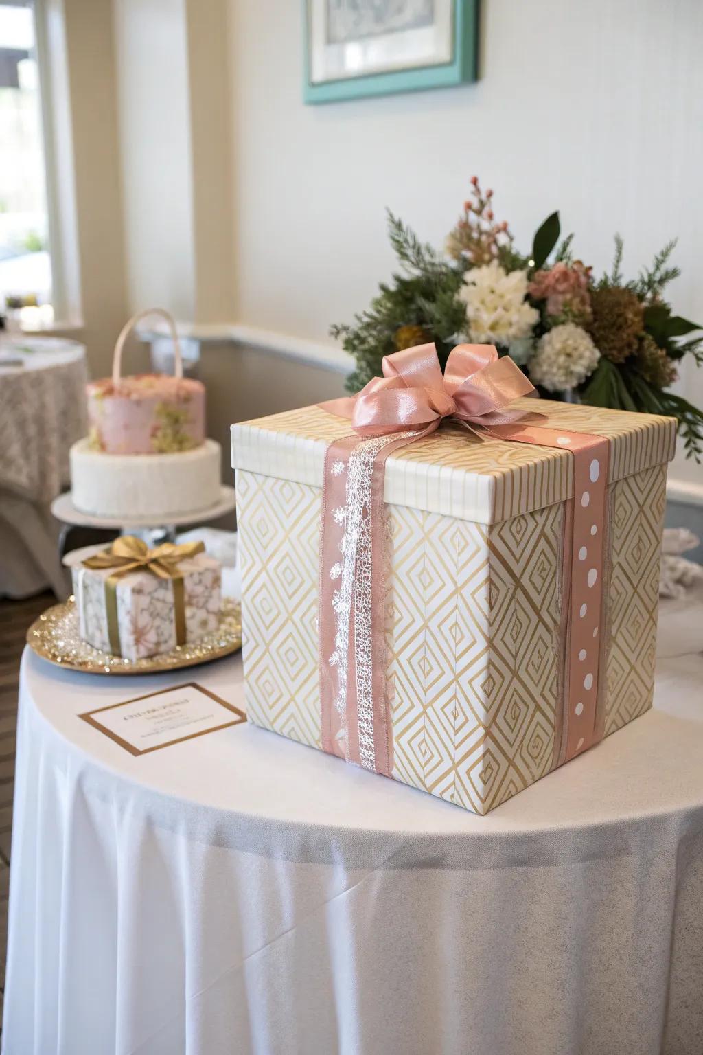 A stunning gift box centerpiece adds charm to the table.