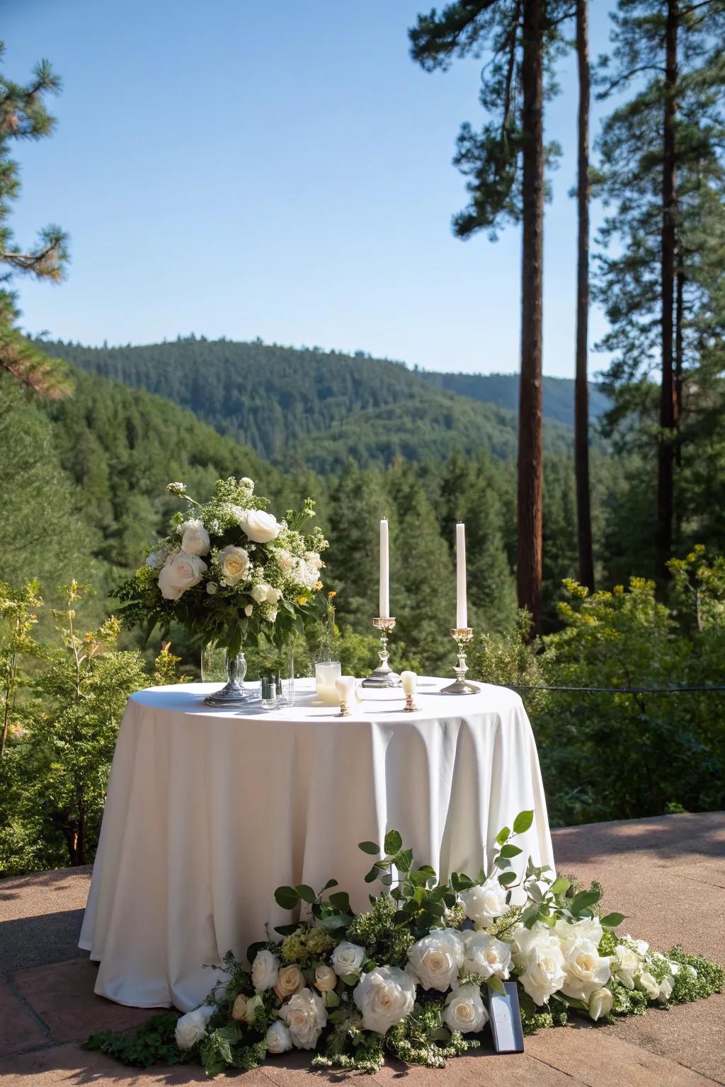 A sweetheart table framed by nature's abundant greenery and picturesque vistas.