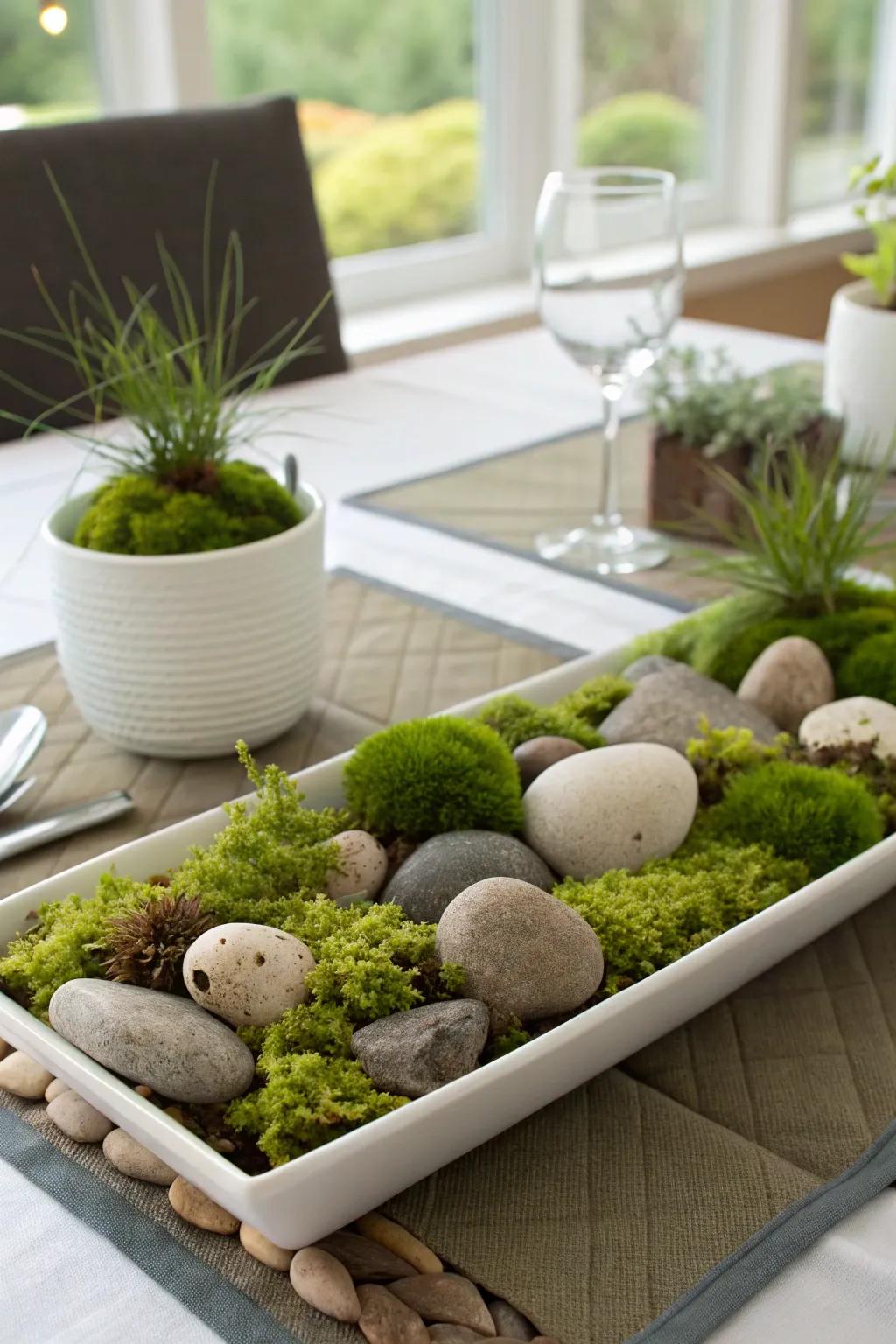 A nature-driven centerpiece featuring rocks and moss.