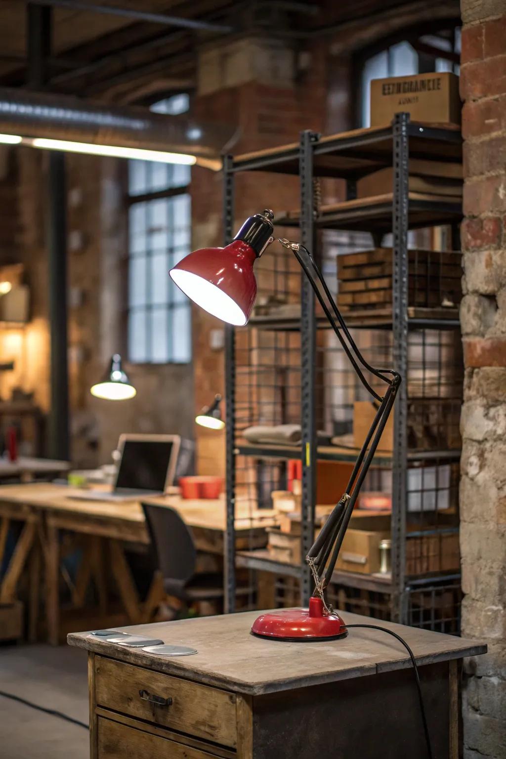 An urban table lamp contributes an artistic touch to a creative workspace.