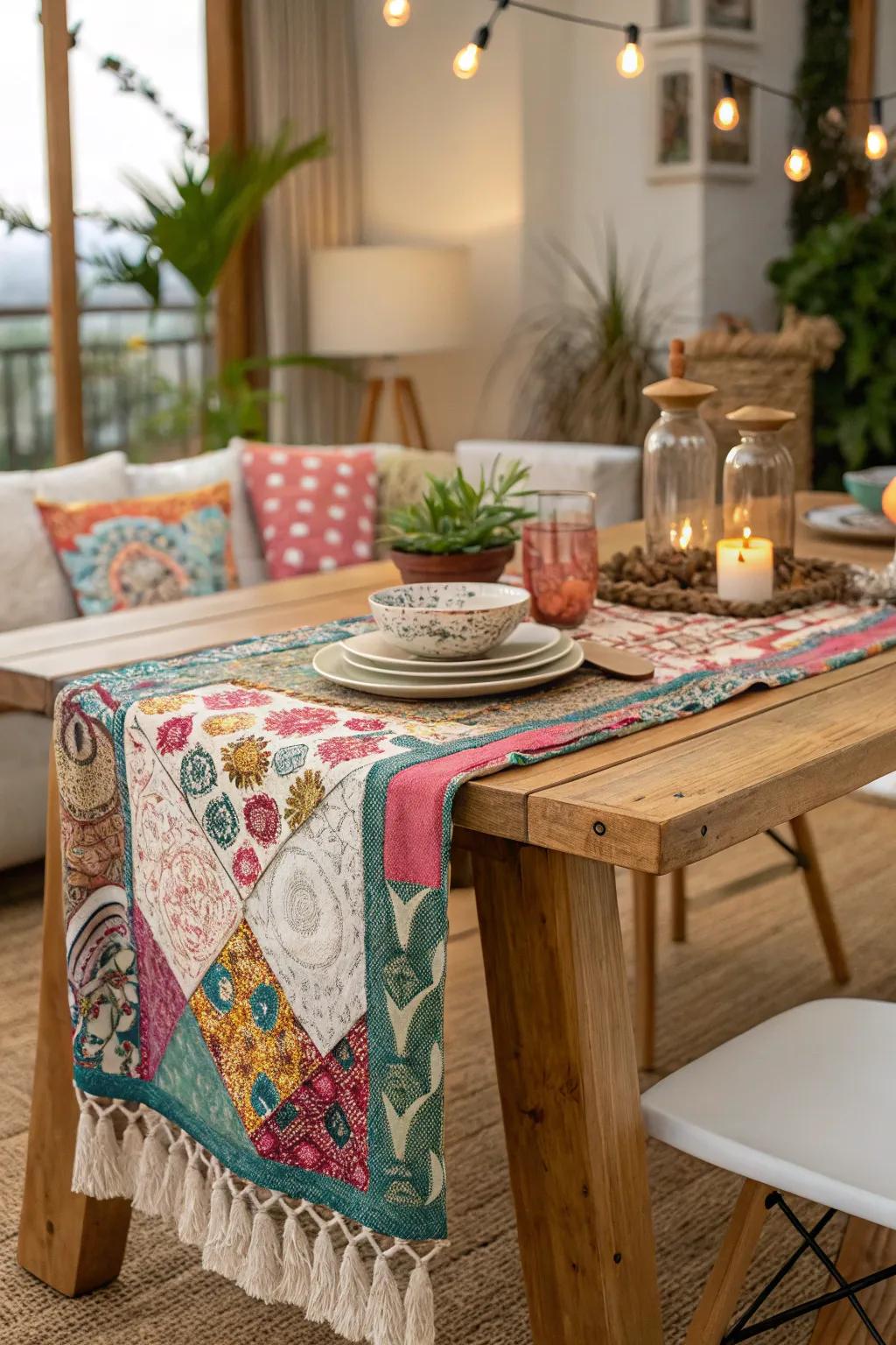A bohemian table runner for a unique and customized dining experience.