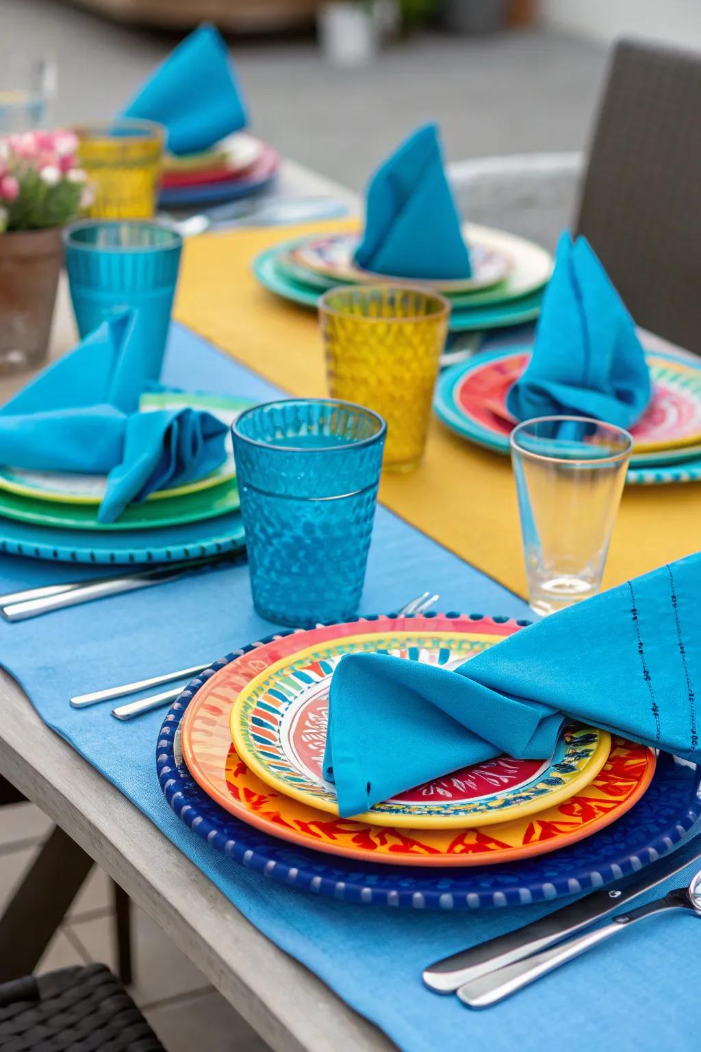 Vibrant setup with blue napkins and contrasting tableware.