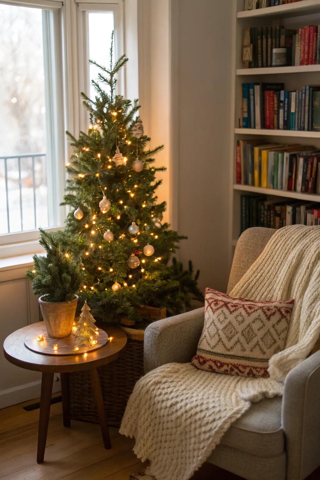 A magical tabletop Christmas tree wrapped in enchanting fairy lights.
