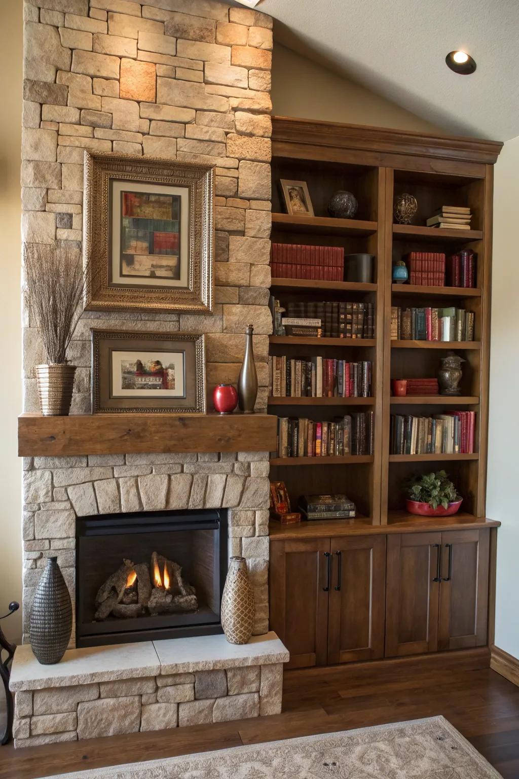 Integrated shelving enhances the functionality of a fireplace wall.